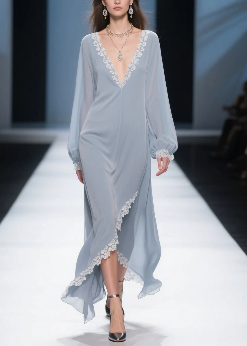 Simple Light Haze Blue Lace Side Open Chiffon Dress Lantern Sleeve - Image 5