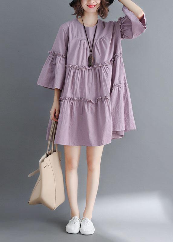 Simple Light Purple O-Neck Tiered Cotton Summer Dress - Image 2