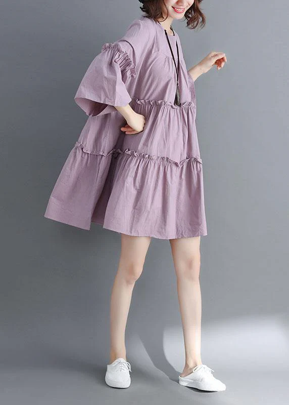 Simple Light Purple O-Neck Tiered Cotton Summer Dress - Image 3