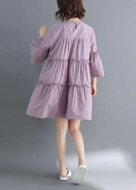 Simple Light Purple O-Neck Tiered Cotton Summer Dress - Image 4