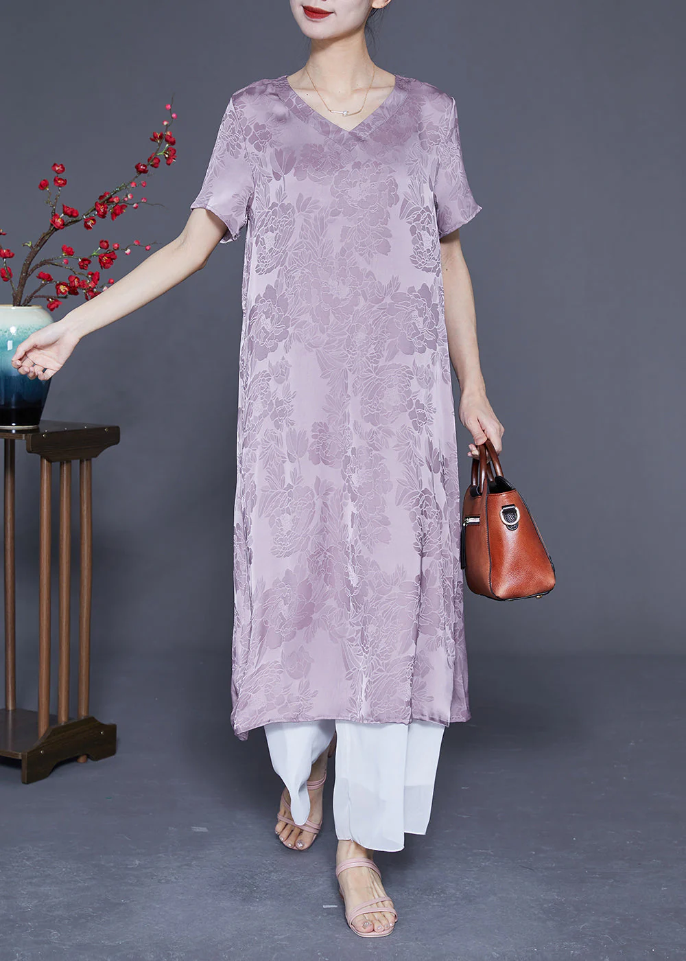 Simple Light Purple V Neck Jacquard Silk Vacation Dresses Summer - Image 2