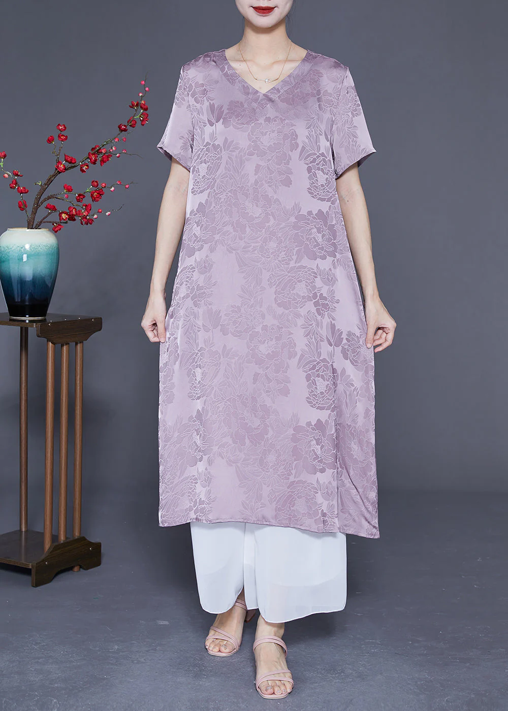 Simple Light Purple V Neck Jacquard Silk Vacation Dresses Summer - Image 3
