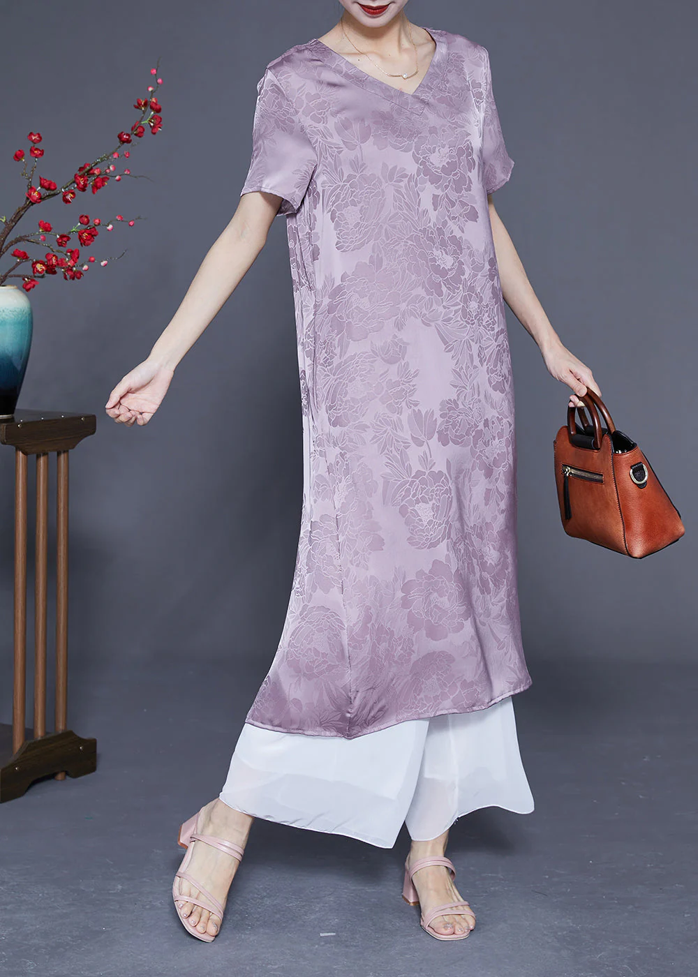 Simple Light Purple V Neck Jacquard Silk Vacation Dresses Summer - Image 4