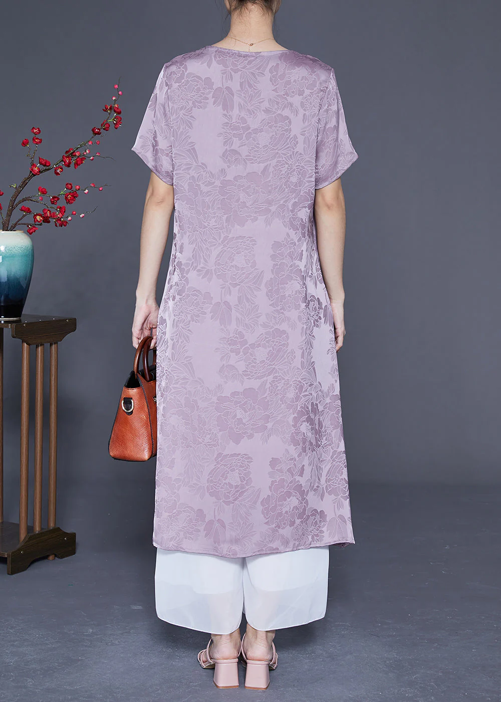Simple Light Purple V Neck Jacquard Silk Vacation Dresses Summer - Image 5