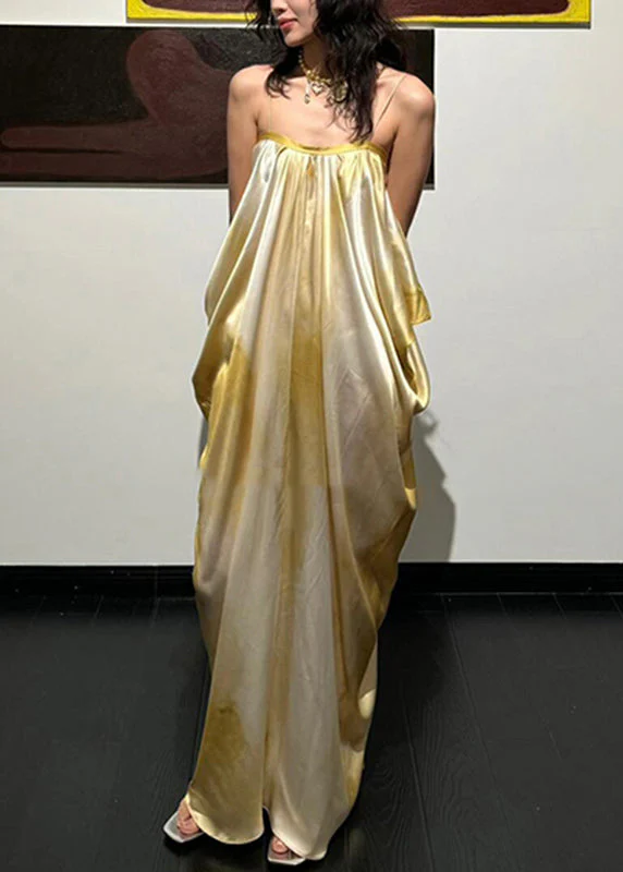 Simple Light Yellow Tie Dye Long Spaghetti Strap Dress Summe - Image 2