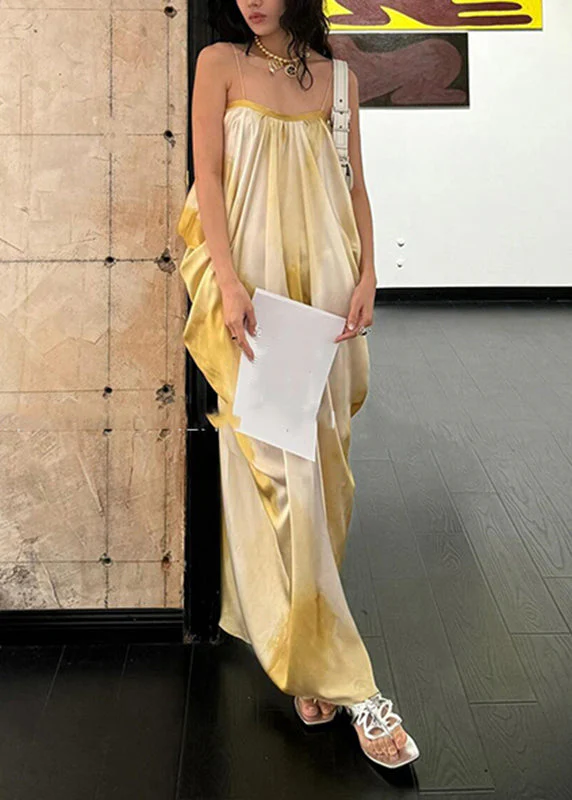 Simple Light Yellow Tie Dye Long Spaghetti Strap Dress Summe - Image 3