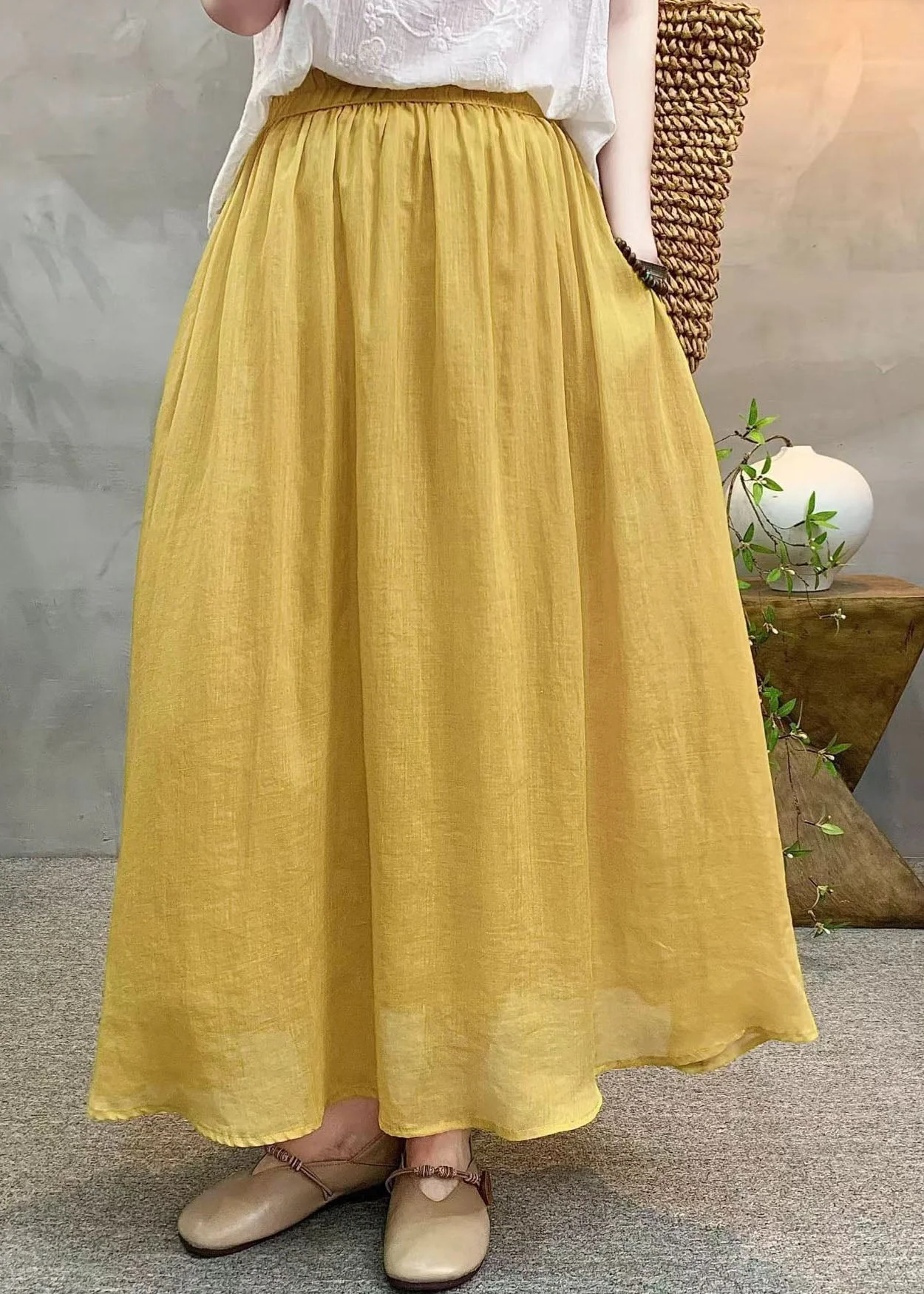 Simple Loose White Elastic Waist Linen Skirts Summer - Image 3