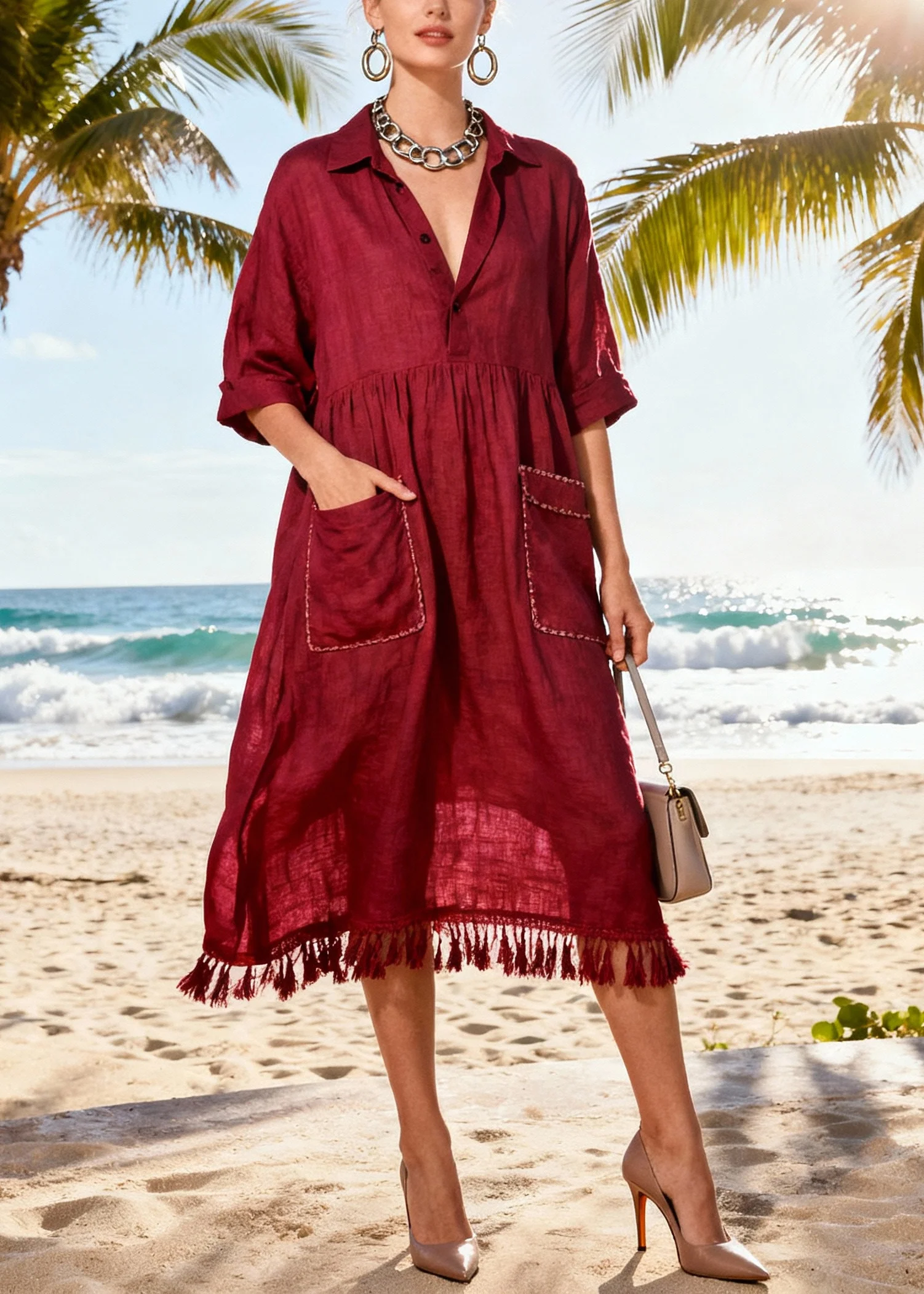Simple Mulberry Tasseled Pockets Cotton Party Dress Summer - Image 3