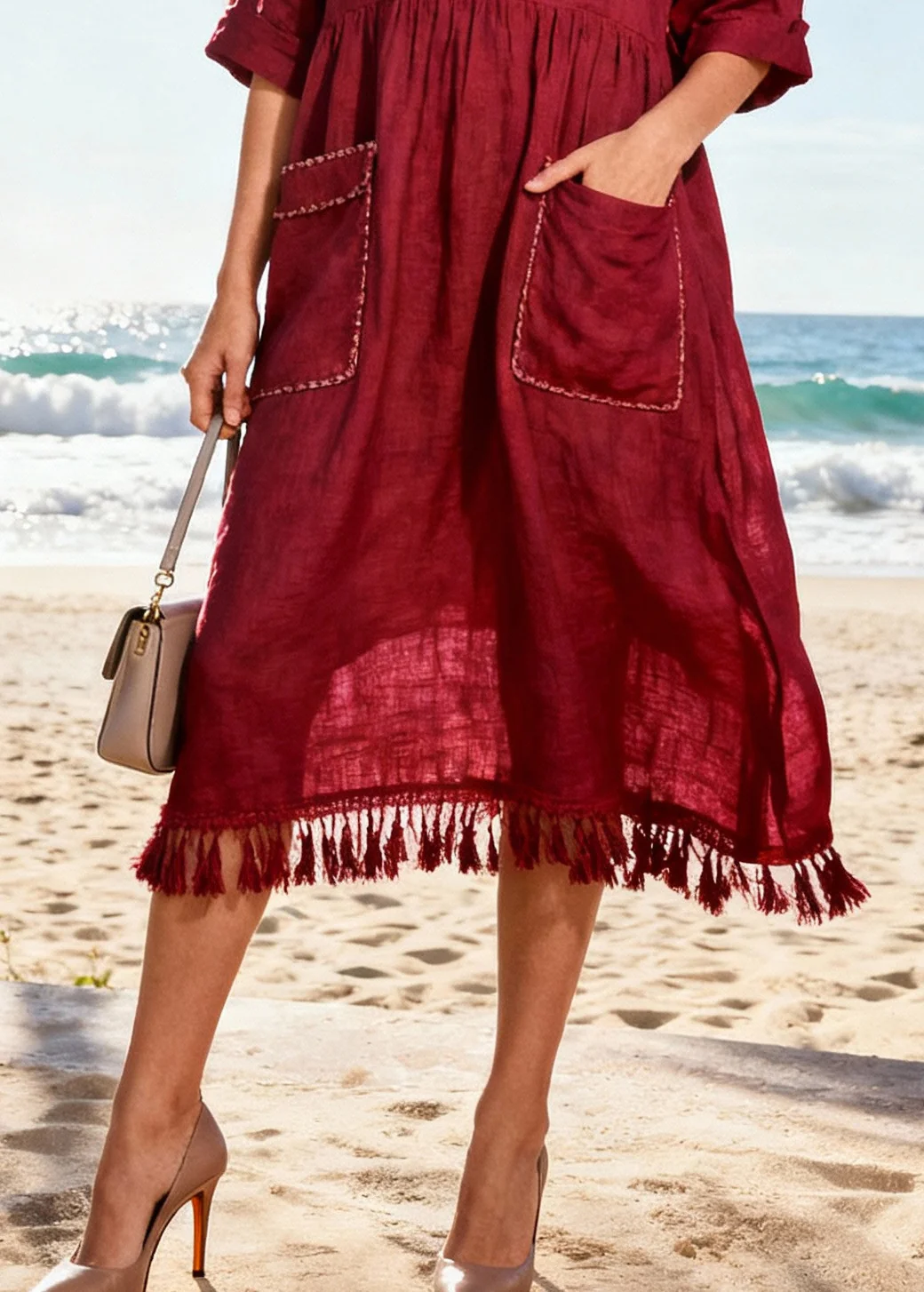 Simple Mulberry Tasseled Pockets Cotton Party Dress Summer - Image 4