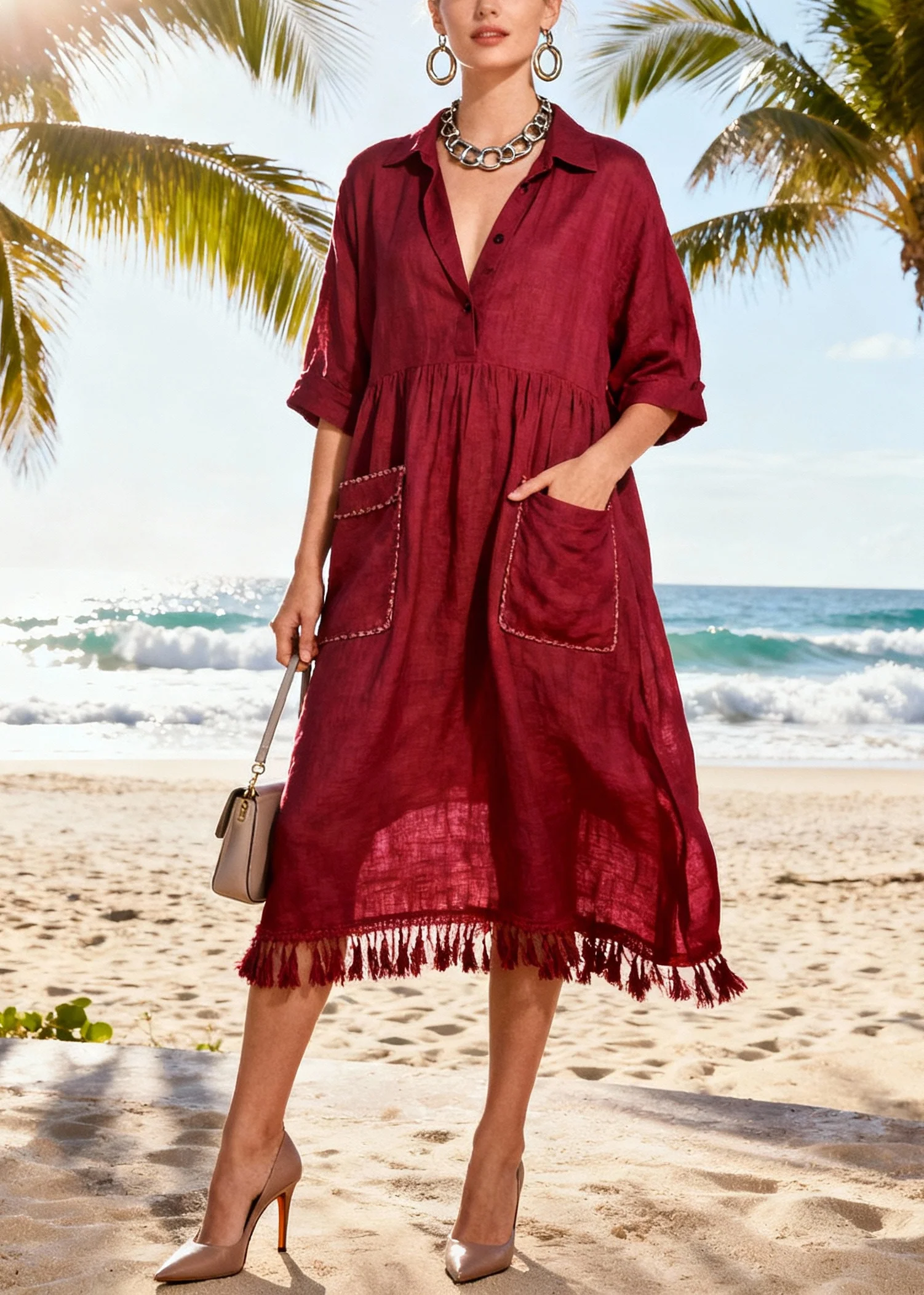Simple Mulberry Tasseled Pockets Cotton Party Dress Summer - Image 5