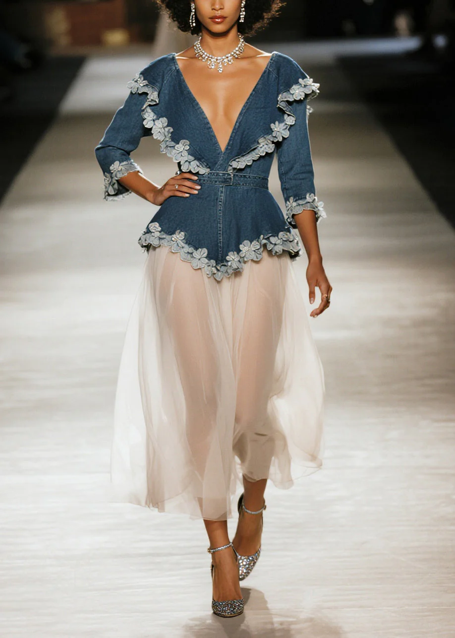 Simple Navy Flower Decorated Patchwork Tulle Long Dress Spring - Image 3