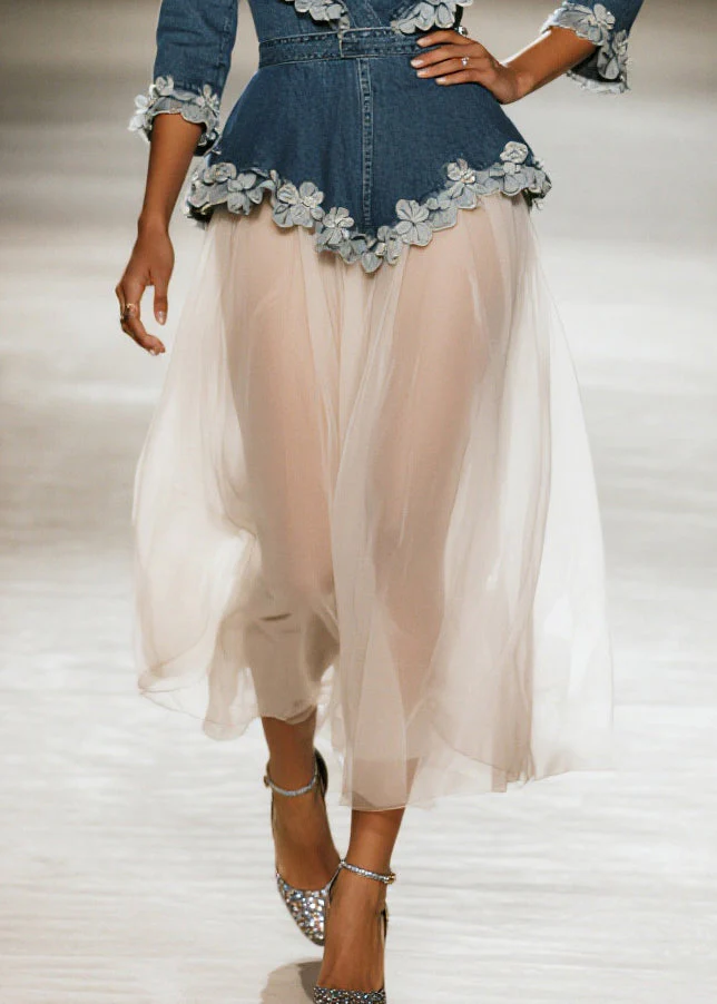 Simple Navy Flower Decorated Patchwork Tulle Long Dress Spring - Image 4