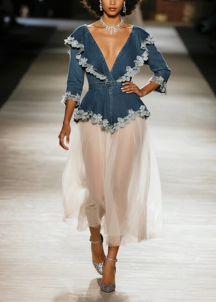 Simple Navy Flower Decorated Patchwork Tulle Long Dress Spring - Image 5