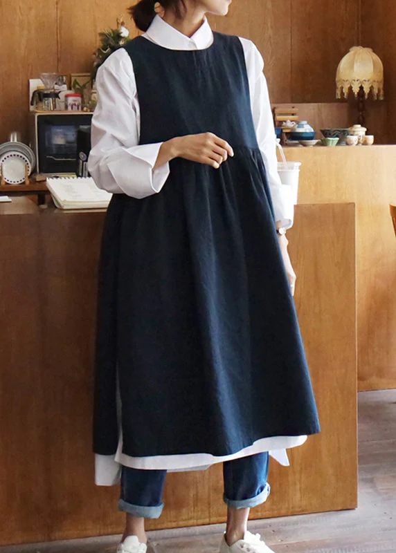 Simple Navy O Neck Lace Up Side Open Cotton Tank Dress Sleeveless - Image 2