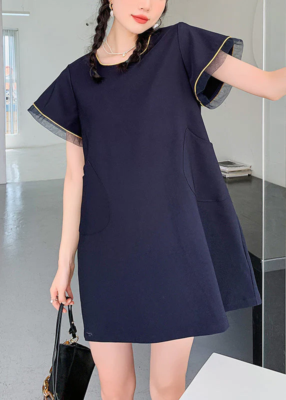 Simple Navy O-Neck Patchwork Mid Dress Short Sleeve - Image 3