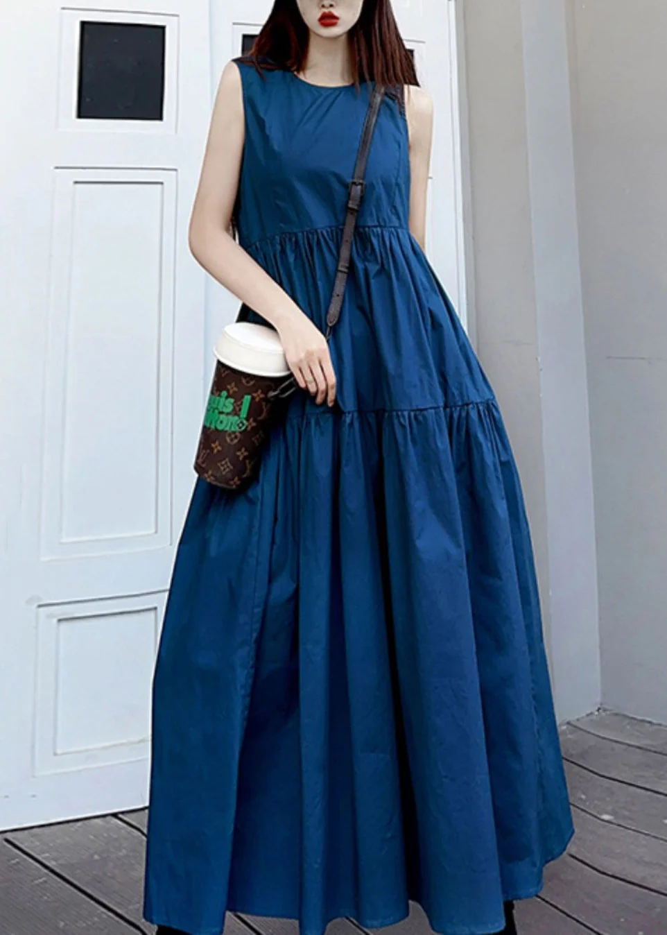 Simple Navy O Neck Wrinkled Pockets Patchwork Cotton Long Dresses Sleeveless - Image 3