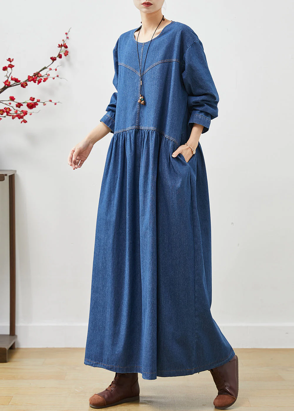 Simple Navy Oversized Denim Long Dress Spring - Image 3