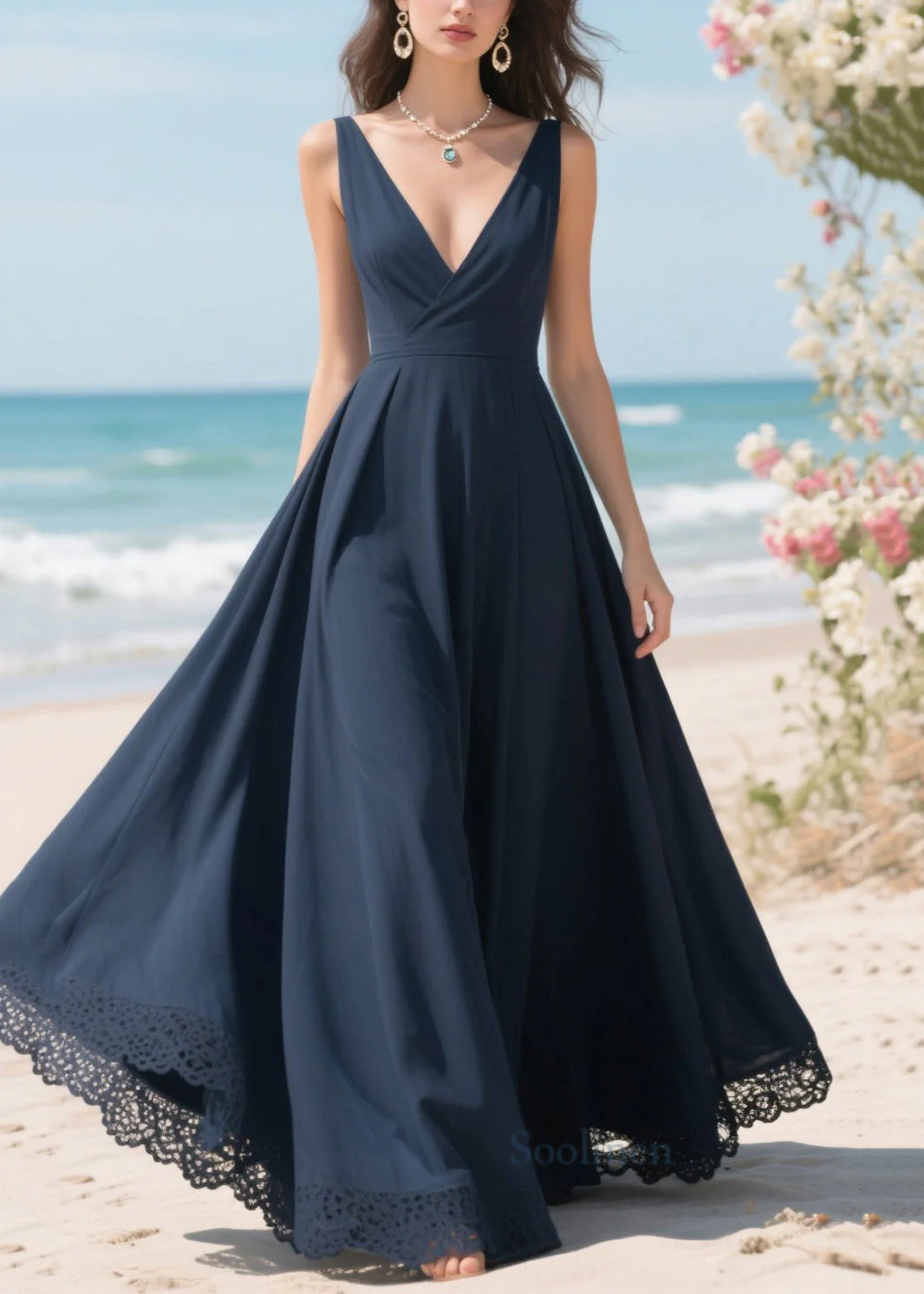 Simple Navy Patchwork Lace Exra Large Hem Party Dress Summer - Image 3