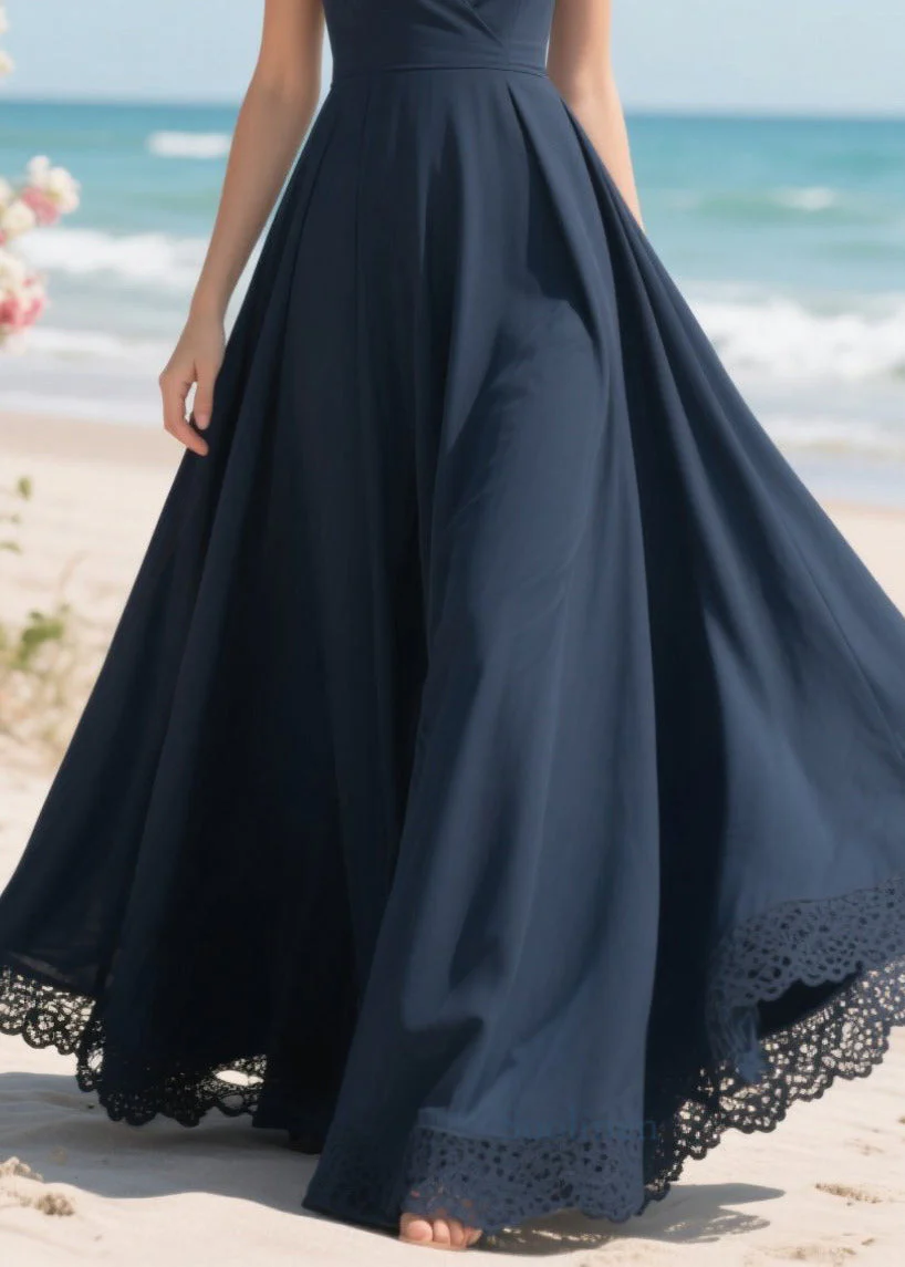 Simple Navy Patchwork Lace Exra Large Hem Party Dress Summer - Image 4