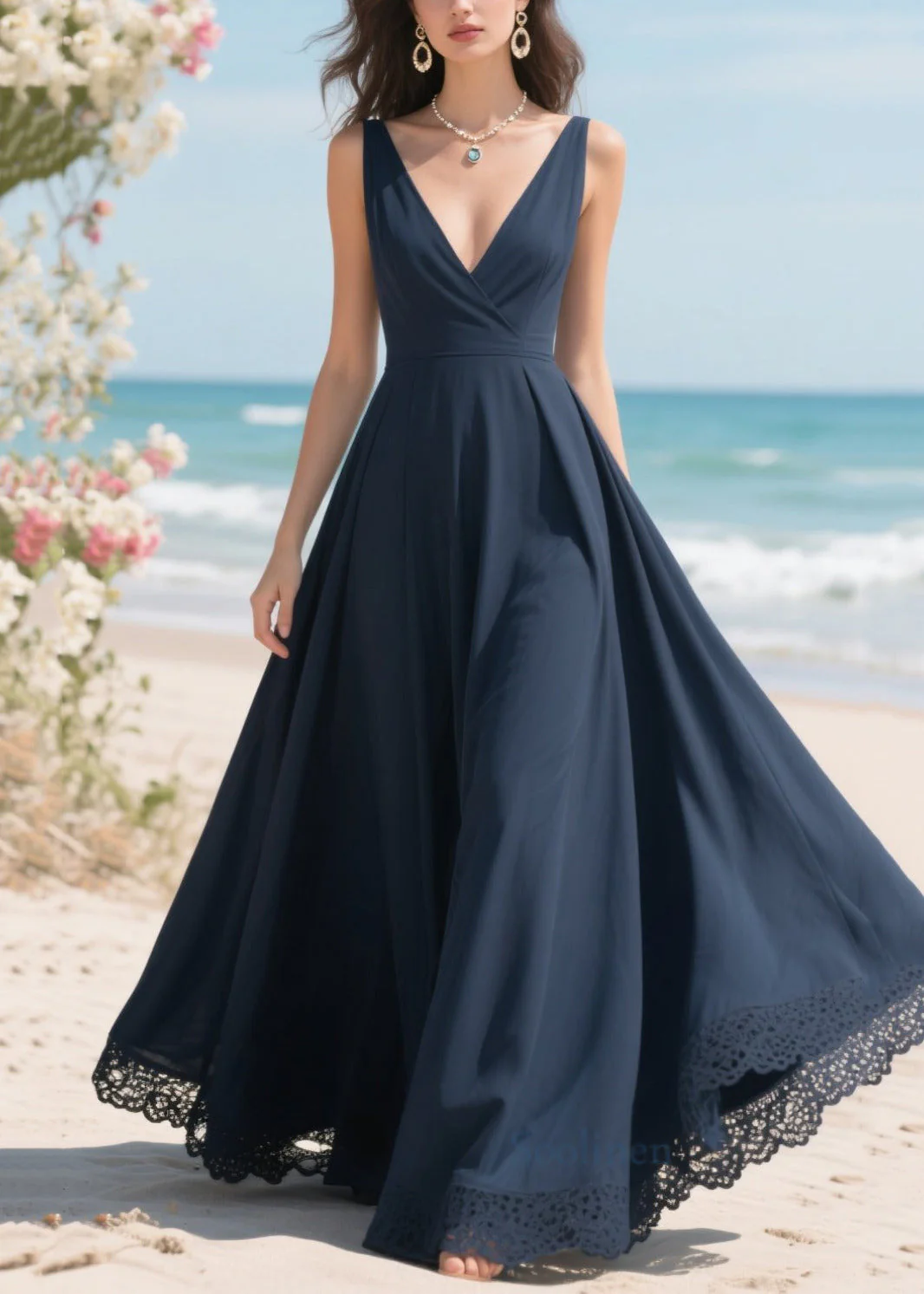 Simple Navy Patchwork Lace Exra Large Hem Party Dress Summer - Image 5