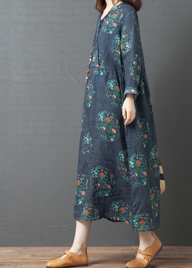 Simple Navy V Neck Linen Vacation Dresses Long Sleeve - Image 2