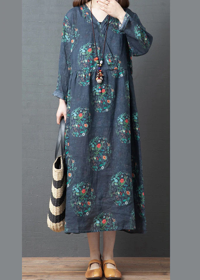 Simple Navy V Neck Linen Vacation Dresses Long Sleeve - Image 3