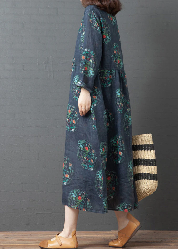 Simple Navy V Neck Linen Vacation Dresses Long Sleeve - Image 4