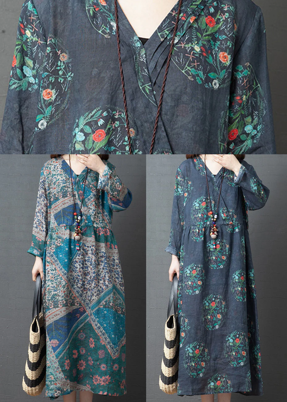 Simple Navy V Neck Linen Vacation Dresses Long Sleeve - Image 5
