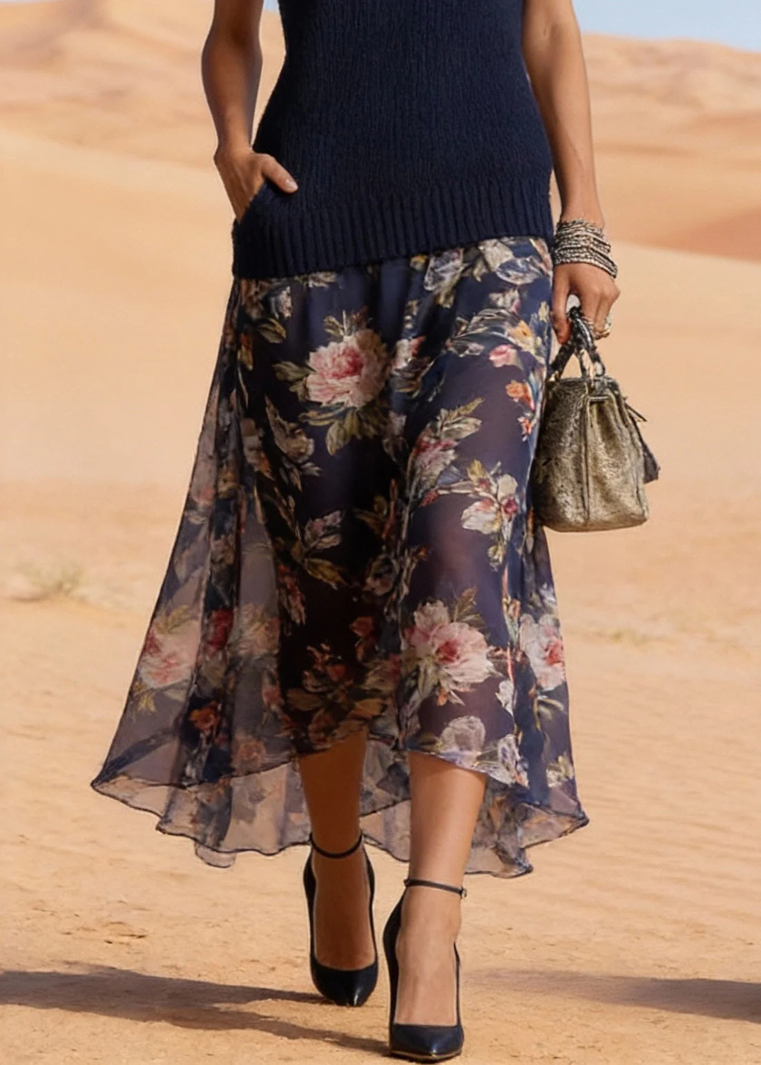 Simple Navy V Neck Print Chiffon Patchwork Knit Long Dress Summer - Image 4