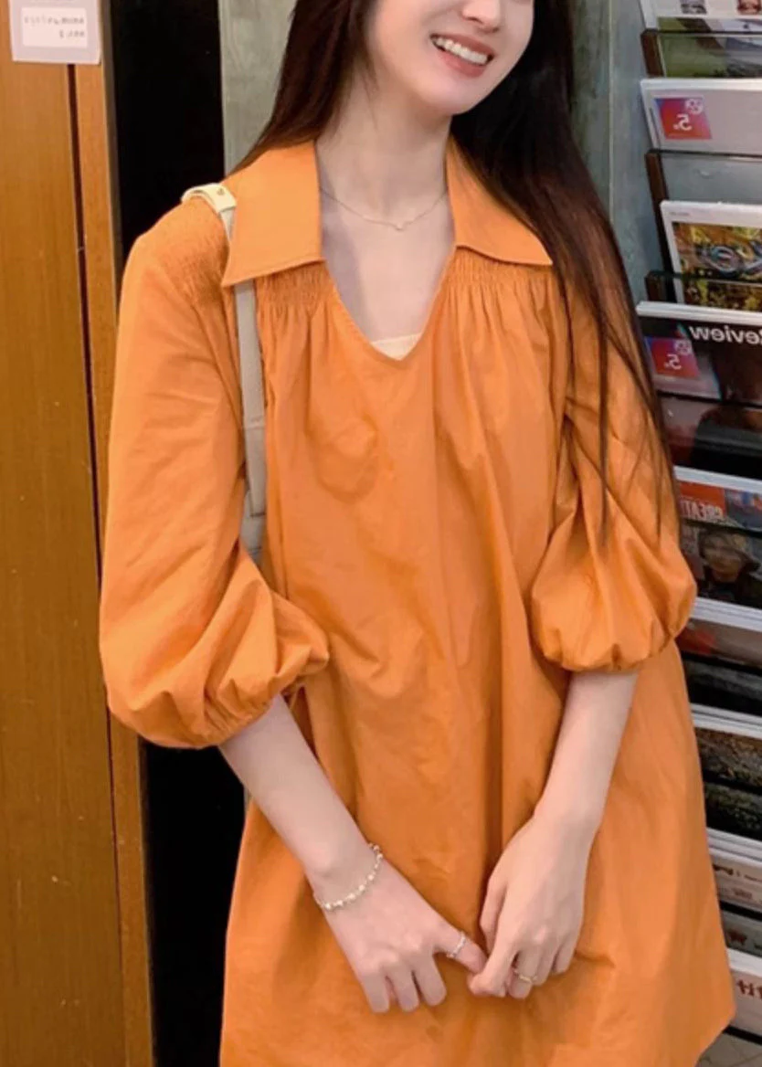 Simple Orange Peter Pan Collar Wrinkled Solid Cotton Shirts Dress Bracelet Sleeve - Image 3