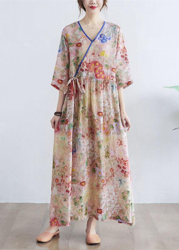 Simple orange Print V Neck Floral Summer Tie Waist Long Dresses Half Sleeve - Image 3