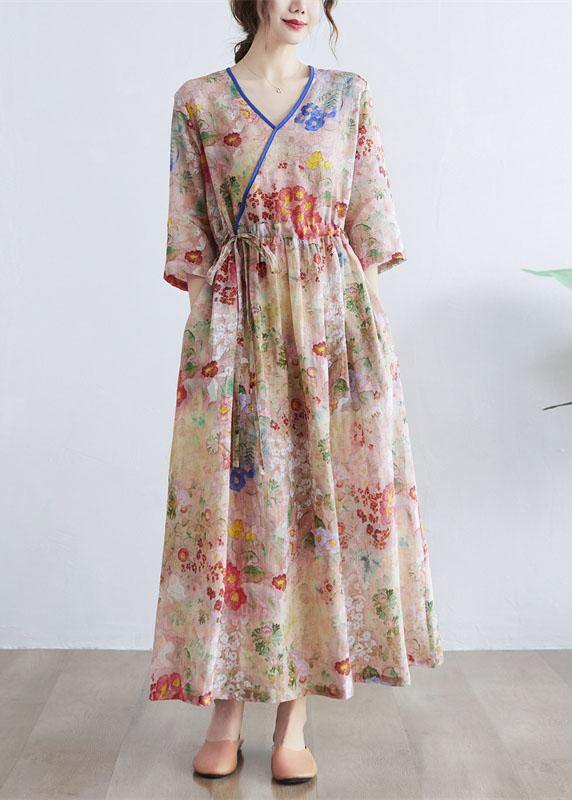 Simple orange Print V Neck Floral Summer Tie Waist Long Dresses Half Sleeve - Image 4