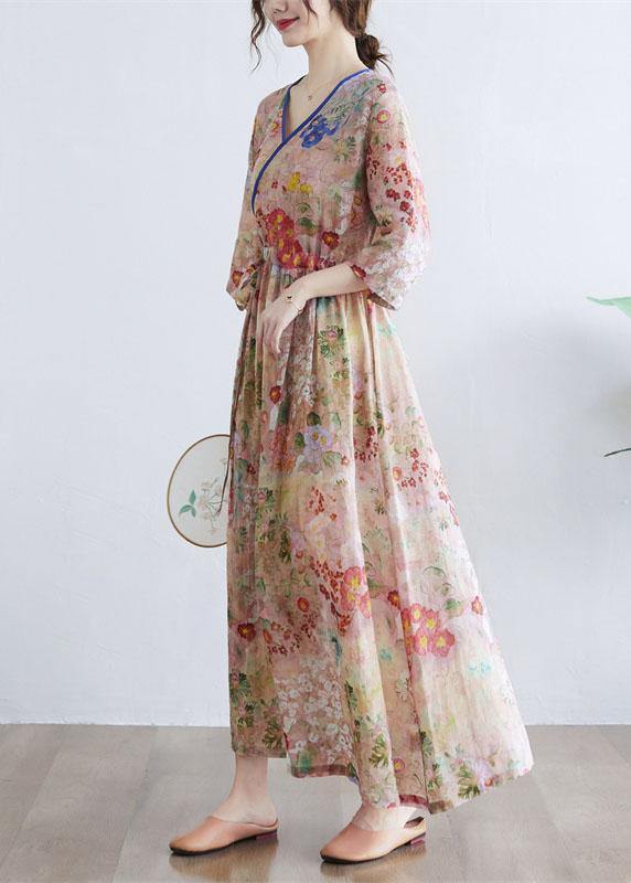 Simple orange Print V Neck Floral Summer Tie Waist Long Dresses Half Sleeve - Image 5