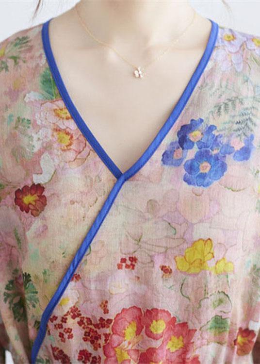 Simple orange Print V Neck Floral Summer Tie Waist Long Dresses Half Sleeve - Image 6