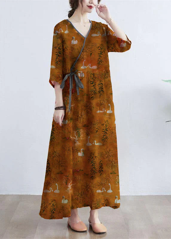 Simple orange Print V Neck Floral Summer Tie Waist Long Dresses Half Sleeve - Image 7