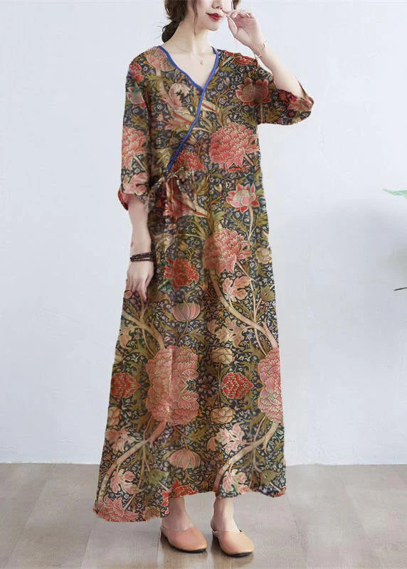 Simple orange Print V Neck Floral Summer Tie Waist Long Dresses Half Sleeve - Image 8