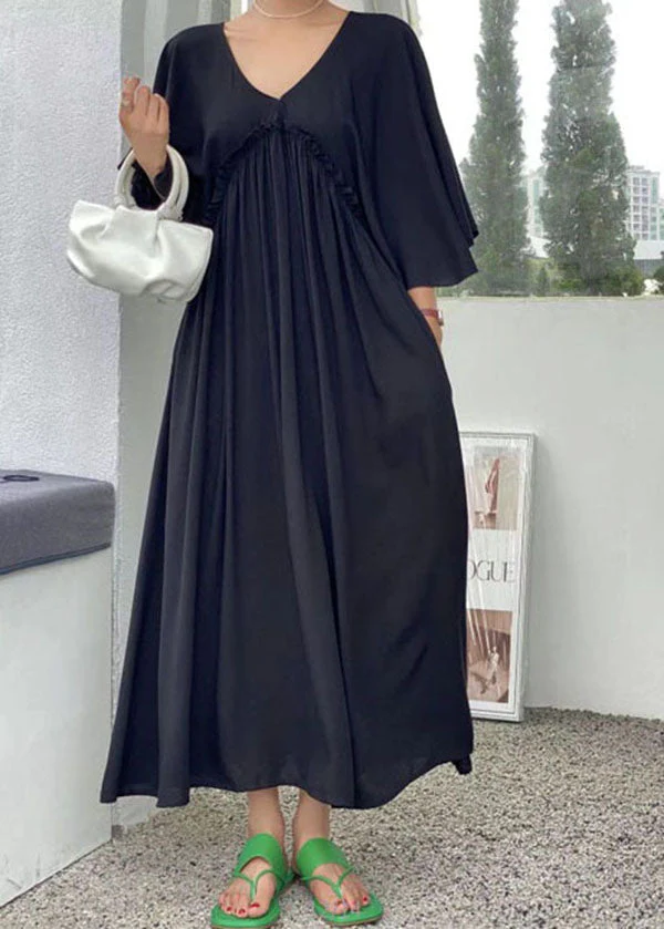 Simple Orange V Neck Patchwork Wrinkled Cotton Dress Flare Sleeve - Image 2