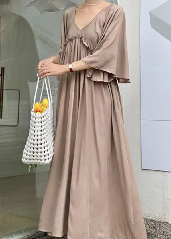 Simple Orange V Neck Patchwork Wrinkled Cotton Dress Flare Sleeve - Image 3
