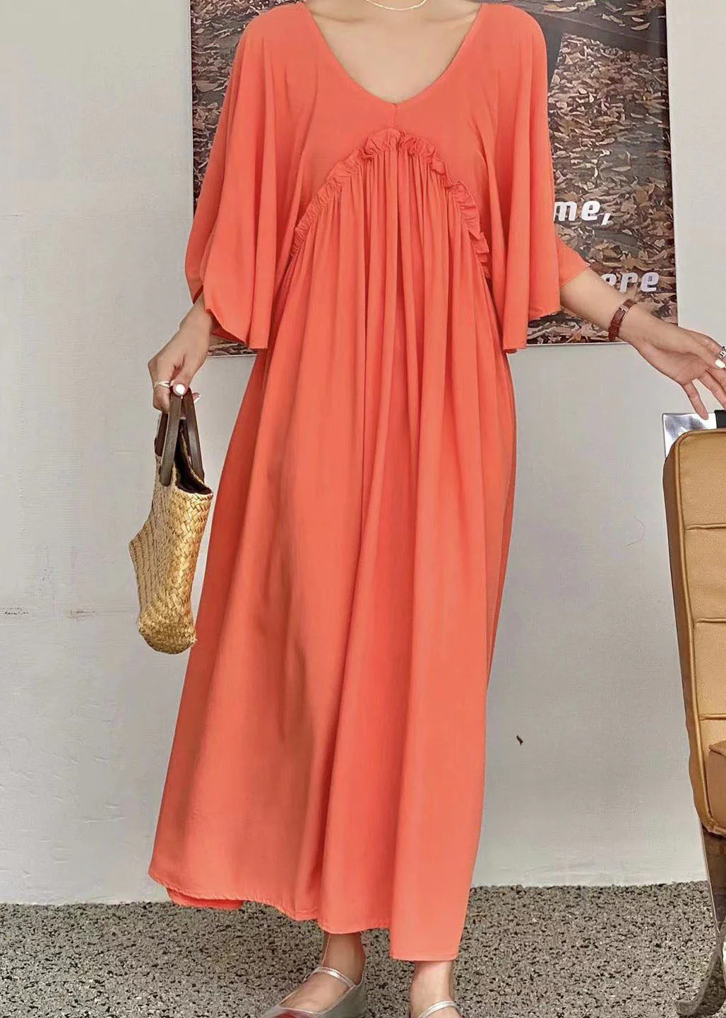 Simple Orange V Neck Patchwork Wrinkled Cotton Dress Flare Sleeve - Image 4