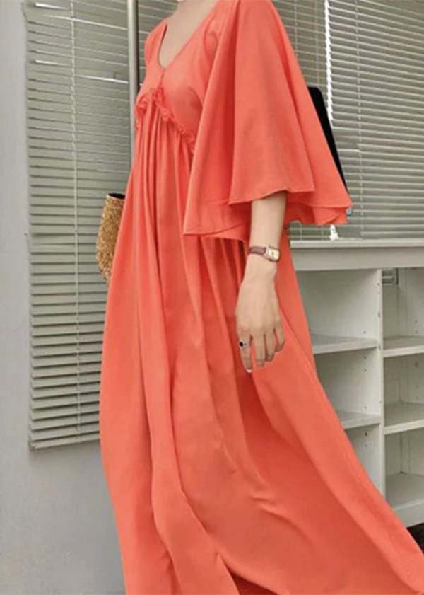 Simple Orange V Neck Patchwork Wrinkled Cotton Dress Flare Sleeve - Image 5