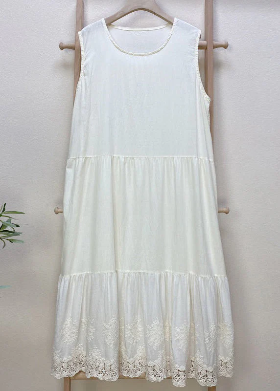 Simple Pink Embroideried Hollow Out Cotton Dress Sleeveless - Image 2