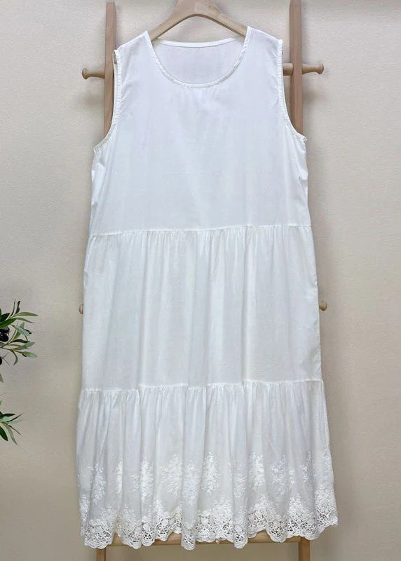Simple Pink Embroideried Hollow Out Cotton Dress Sleeveless - Image 3