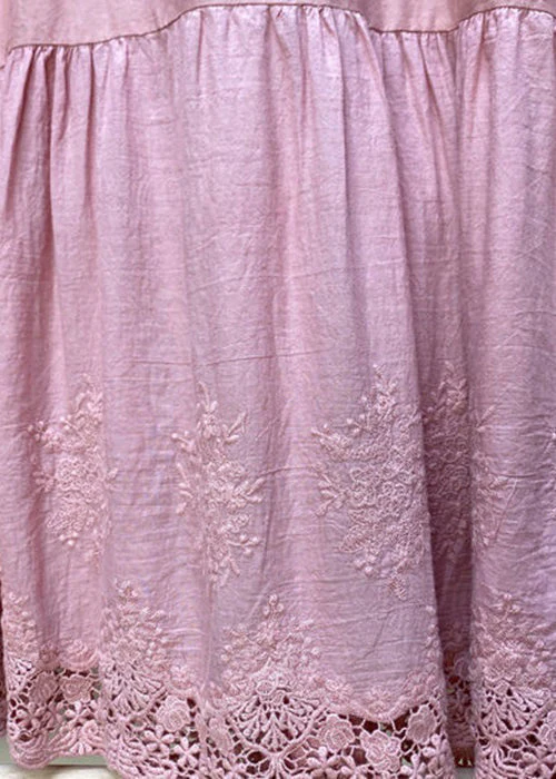 Simple Pink Embroideried Hollow Out Cotton Dress Sleeveless - Image 5