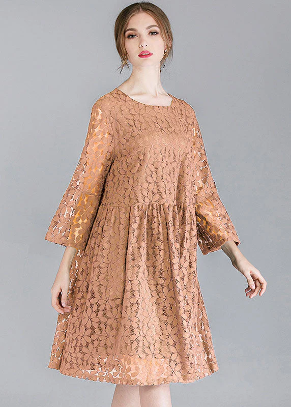 Simple Pink Khaki O-Neck Solid Color Lace Party Dresses Bracelet Sleeve - Image 2