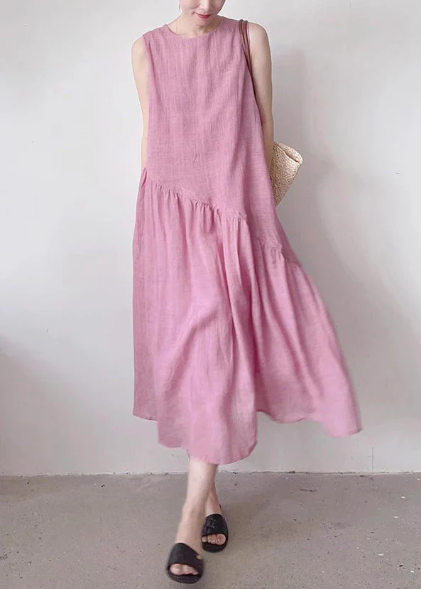 Simple Pink O Neck Pockets Wrinkled Cotton Long Dress Sleeveless - Image 2