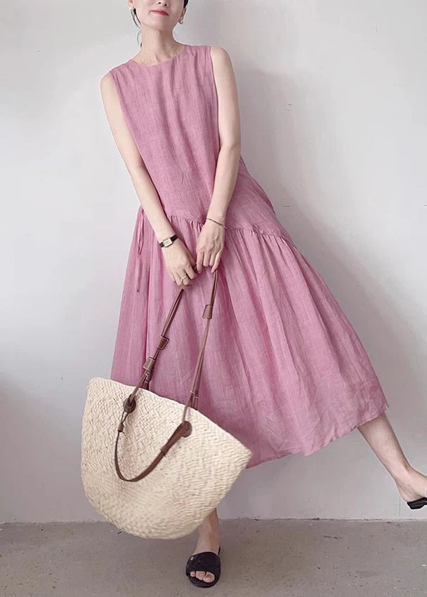 Simple Pink O Neck Pockets Wrinkled Cotton Long Dress Sleeveless - Image 3