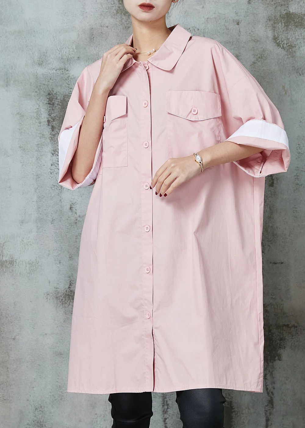 Simple Pink Oversized Cotton Shirt Dress Spring - Image 2