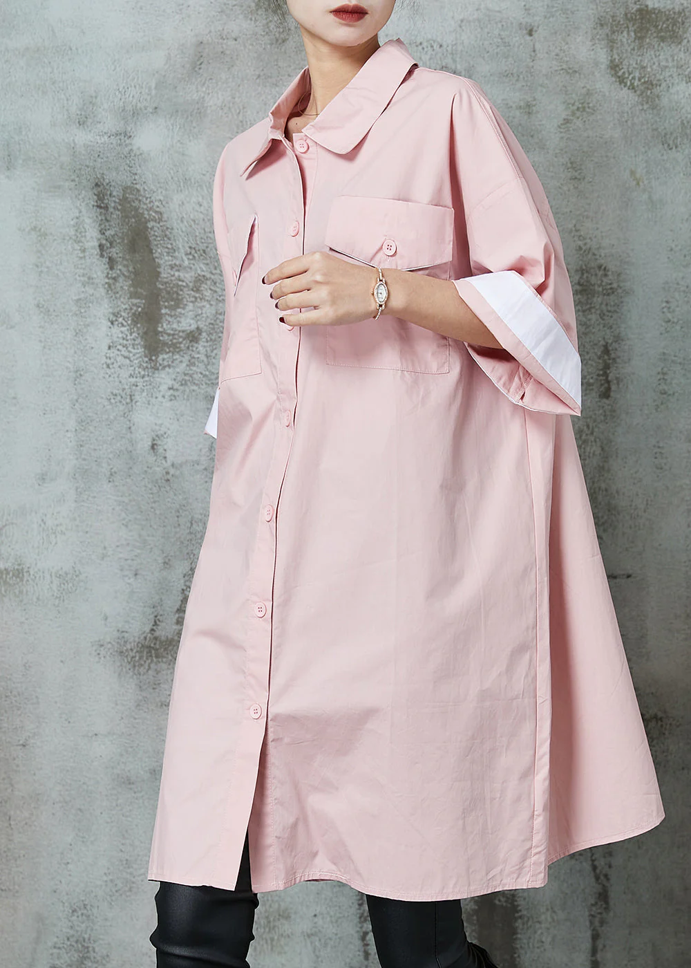 Simple Pink Oversized Cotton Shirt Dress Spring - Image 3