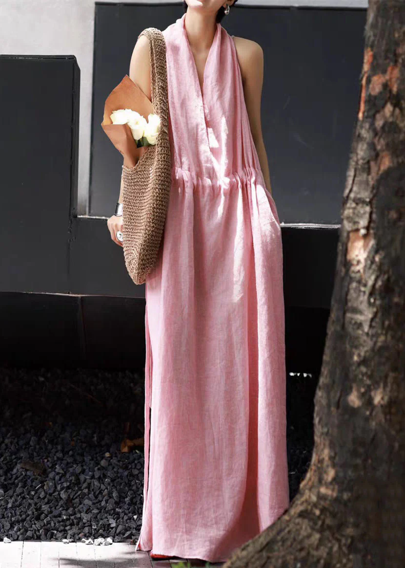Simple Pink Pockets Tie Waist Linen Long Dresses Sleeveless - Image 3