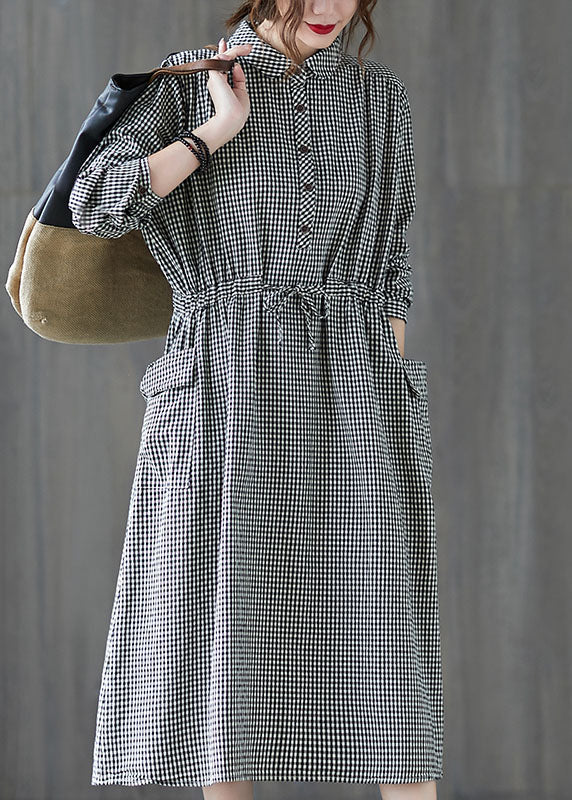 Simple Plaid Button Pockets Tie Waist Fall Party Dress Long sleeve - Image 2